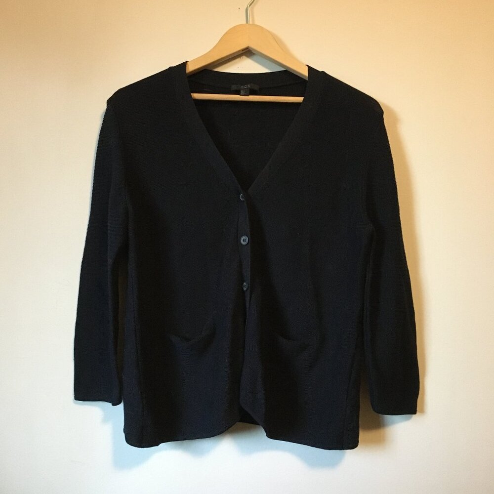 COS 100% Cotton Button Down Knit Cardigan Sweater Dark Navy Blue Minimalist